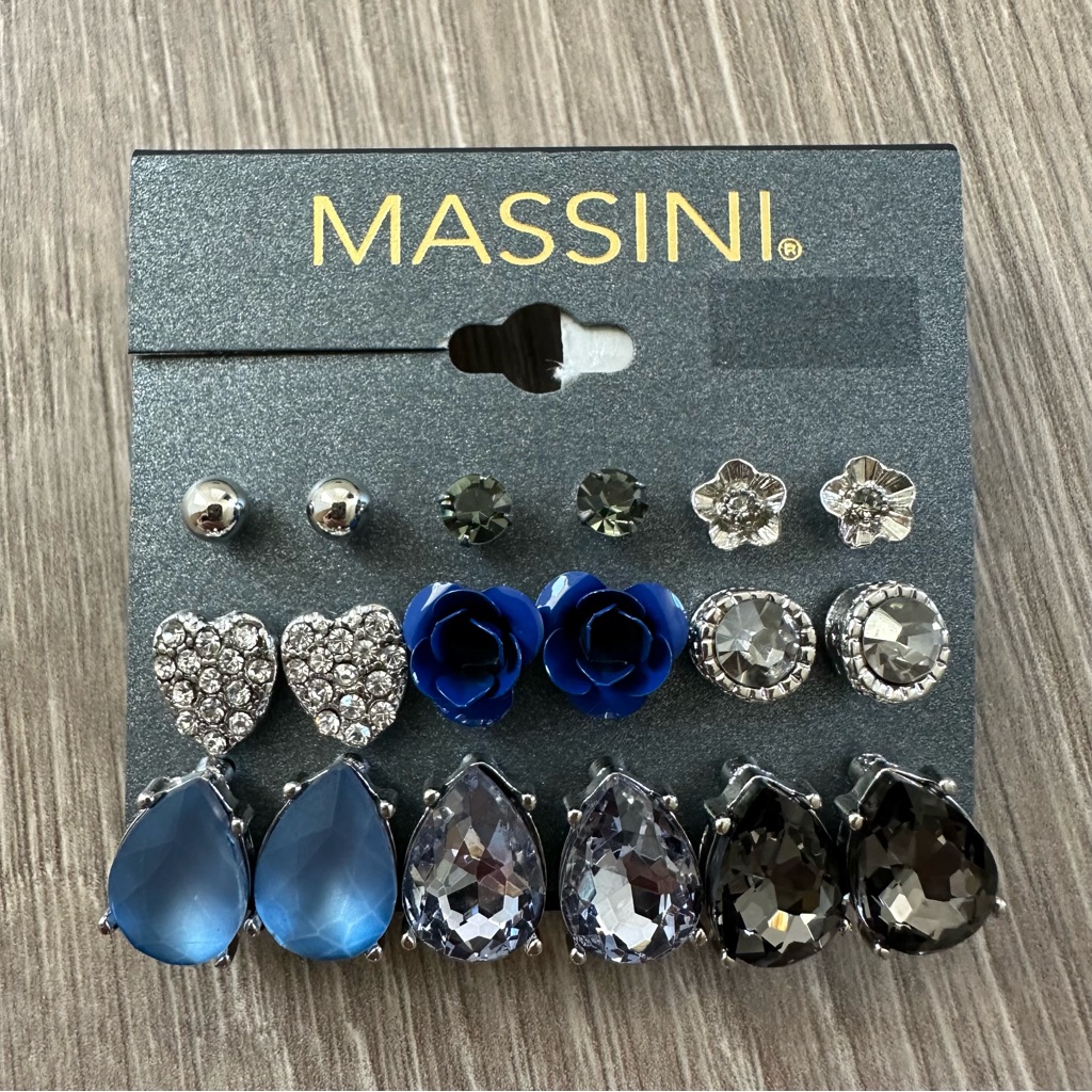 Massini 9 Pack Stud Earrings - Heart, Teardrops, Flowers, & Studs Set